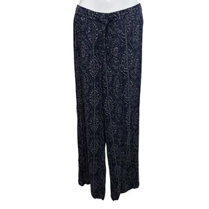 Studio West Apparel Women's Wide Leg Pants Navy Print Rayon Drawstring‎ Waist L